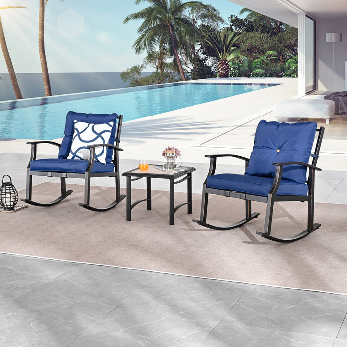 Elegant 3-Piece Rocking Bistro Set with Hand-Woven Textilene Rope, Blue Cushions, and Metal Coffee Table 