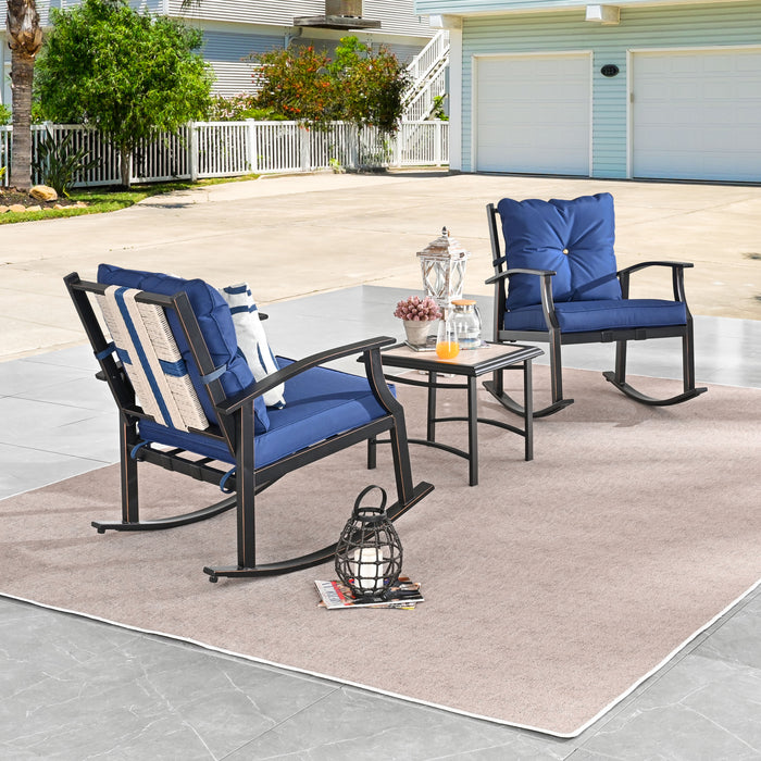 Elegant 3-Piece Rocking Bistro Set with Hand-Woven Textilene Rope, Blue Cushions, and Metal Coffee Table