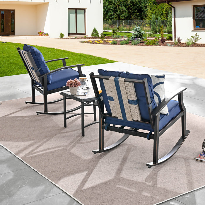 Elegant 3-Piece Rocking Bistro Set with Hand-Woven Textilene Rope, Blue Cushions, and Metal Coffee Table 