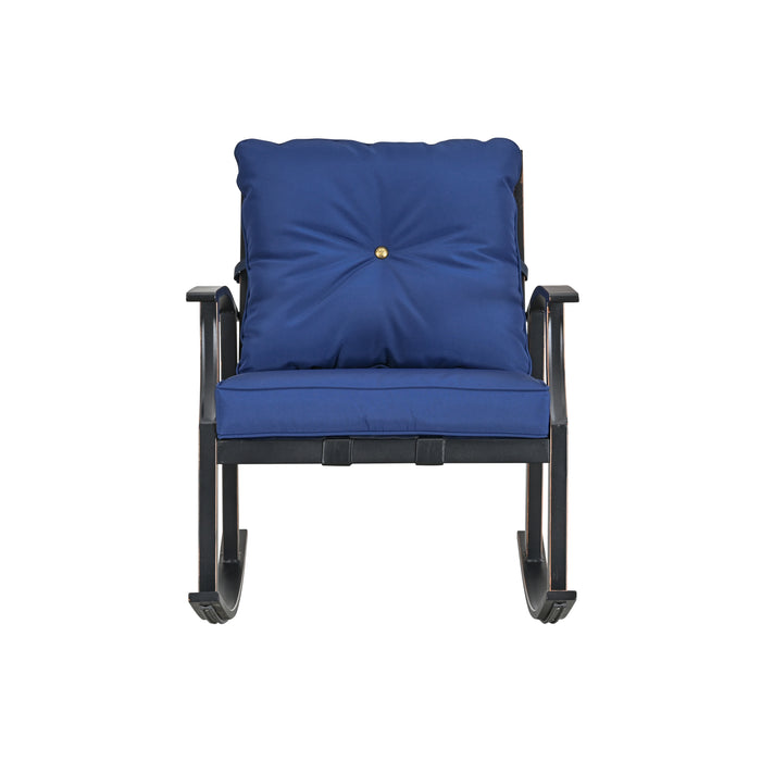 Elegant 3-Piece Rocking Bistro Set with Hand-Woven Textilene Rope, Blue Cushions, and Metal Coffee Table 