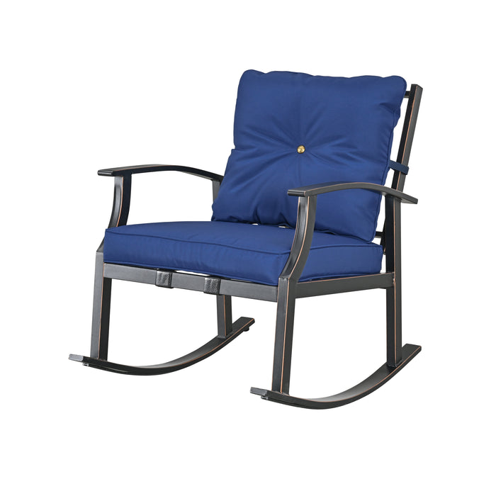 Elegant 3-Piece Rocking Bistro Set with Hand-Woven Textilene Rope, Blue Cushions, and Metal Coffee Table 