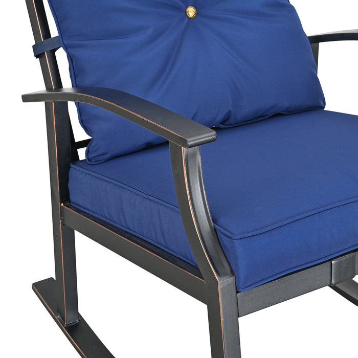 Elegant 3-Piece Rocking Bistro Set with Hand-Woven Textilene Rope, Blue Cushions, and Metal Coffee Table 