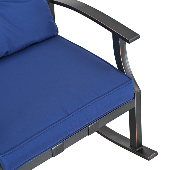 Elegant 3-Piece Rocking Bistro Set with Hand-Woven Textilene Rope, Blue Cushions, and Metal Coffee Table 