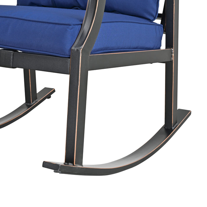 Elegant 3-Piece Rocking Bistro Set with Hand-Woven Textilene Rope, Blue Cushions, and Metal Coffee Table 