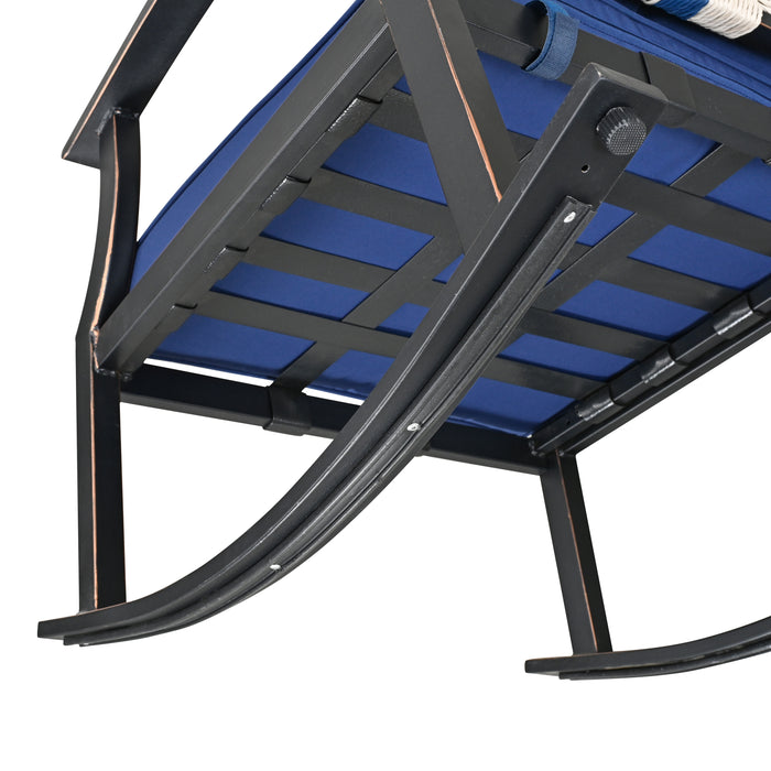 Elegant 3-Piece Rocking Bistro Set with Hand-Woven Textilene Rope, Blue Cushions, and Metal Coffee Table 