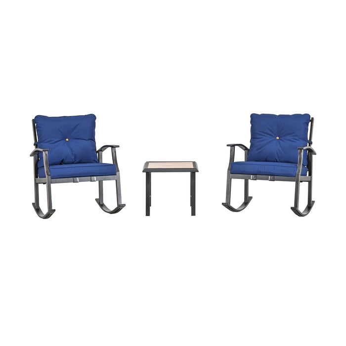 Elegant 3-Piece Rocking Bistro Set with Hand-Woven Textilene Rope, Blue Cushions, and Metal Coffee Table 