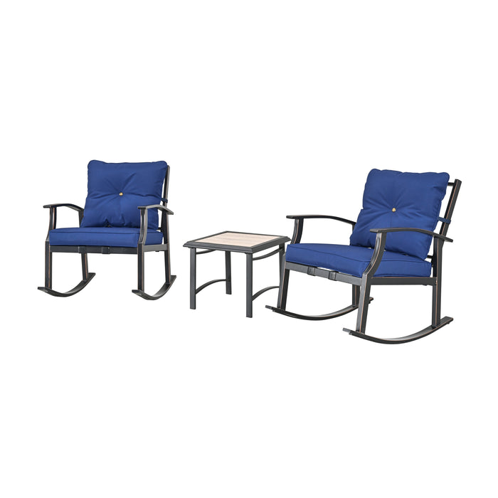 Elegant 3-Piece Rocking Bistro Set with Hand-Woven Textilene Rope, Blue Cushions, and Metal Coffee Table