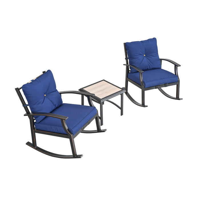 Elegant 3-Piece Rocking Bistro Set with Hand-Woven Textilene Rope, Blue Cushions, and Metal Coffee Table