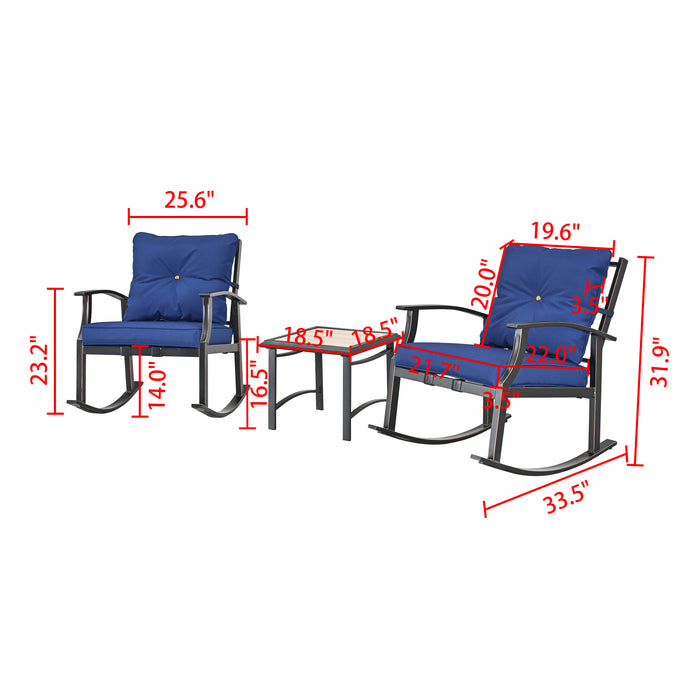 Elegant 3-Piece Rocking Bistro Set with Hand-Woven Textilene Rope, Blue Cushions, and Metal Coffee Table