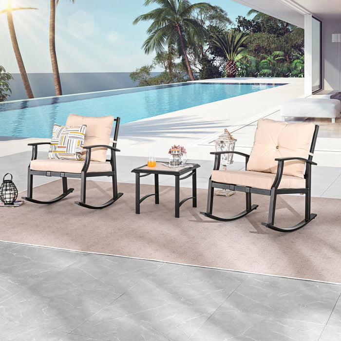 Elegant 3-Piece Rocking Bistro Set with Hand-Woven Textilene Rope, Beige Cushions, and Metal Coffee Table 