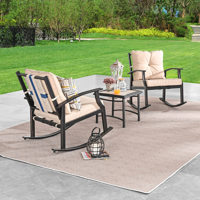 Elegant 3-Piece Rocking Bistro Set with Hand-Woven Textilene Rope, Beige Cushions, and Metal Coffee Table 