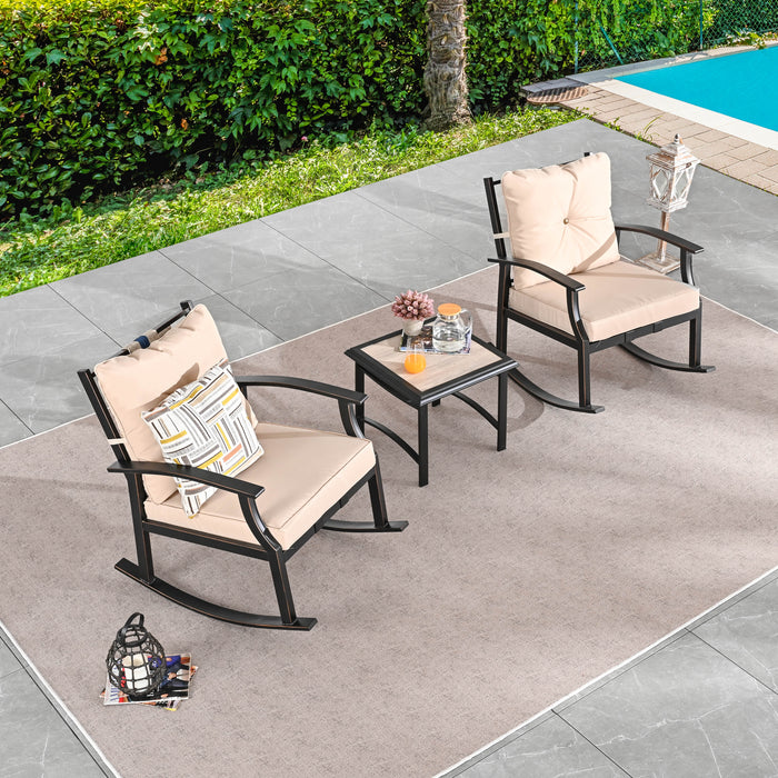 Elegant 3-Piece Rocking Bistro Set with Hand-Woven Textilene Rope, Beige Cushions, and Metal Coffee Table 