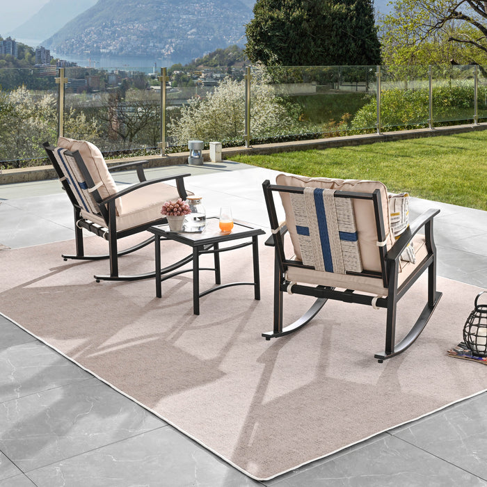 Elegant 3-Piece Rocking Bistro Set with Hand-Woven Textilene Rope, Beige Cushions, and Metal Coffee Table 