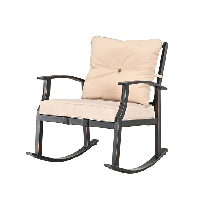 Elegant 3-Piece Rocking Bistro Set with Hand-Woven Textilene Rope, Beige Cushions, and Metal Coffee Table 