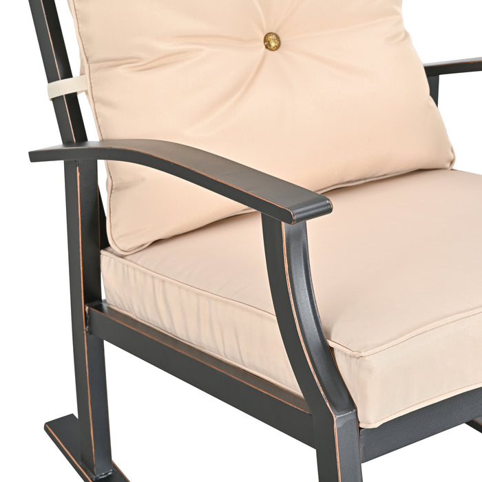 Elegant 3-Piece Rocking Bistro Set with Hand-Woven Textilene Rope, Beige Cushions, and Metal Coffee Table 