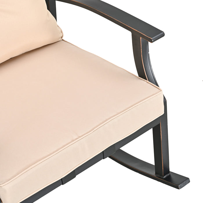 Elegant 3-Piece Rocking Bistro Set with Hand-Woven Textilene Rope, Beige Cushions, and Metal Coffee Table 