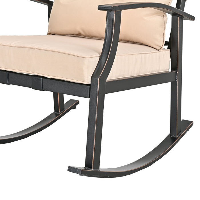 Elegant 3-Piece Rocking Bistro Set with Hand-Woven Textilene Rope, Beige Cushions, and Metal Coffee Table 