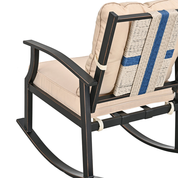 Elegant 3-Piece Rocking Bistro Set with Hand-Woven Textilene Rope, Beige Cushions, and Metal Coffee Table 