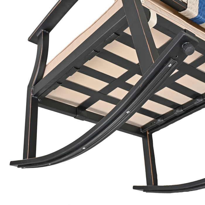Elegant 3-Piece Rocking Bistro Set with Hand-Woven Textilene Rope, Beige Cushions, and Metal Coffee Table 
