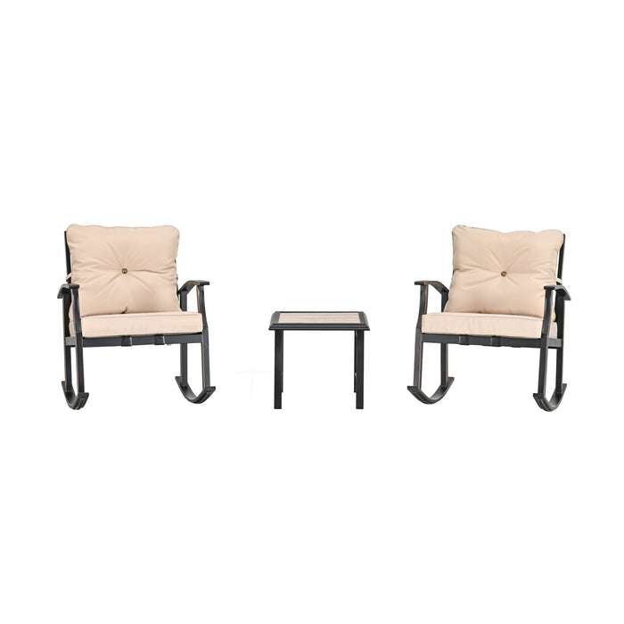 Elegant 3-Piece Rocking Bistro Set with Hand-Woven Textilene Rope, Beige Cushions, and Metal Coffee Table