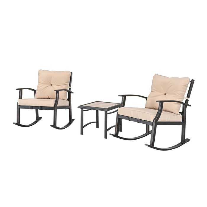 Elegant 3-Piece Rocking Bistro Set with Hand-Woven Textilene Rope, Beige Cushions, and Metal Coffee Table