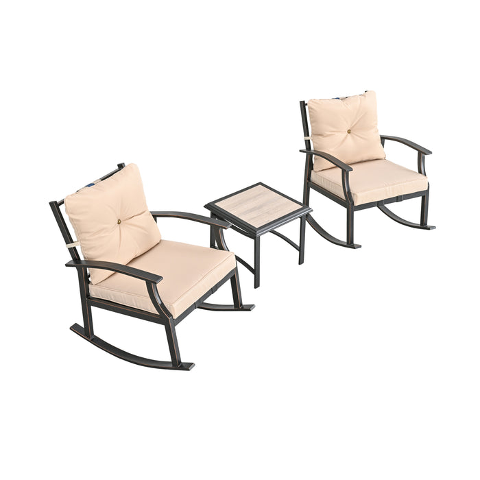 Elegant 3-Piece Rocking Bistro Set with Hand-Woven Textilene Rope, Beige Cushions, and Metal Coffee Table