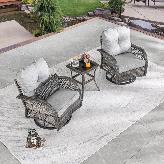 Elegant 3-Piece Outdoor Bistro Set with PE Wicker 360° Swivel Chairs and Tempered Glass Table - Grey Cushions 