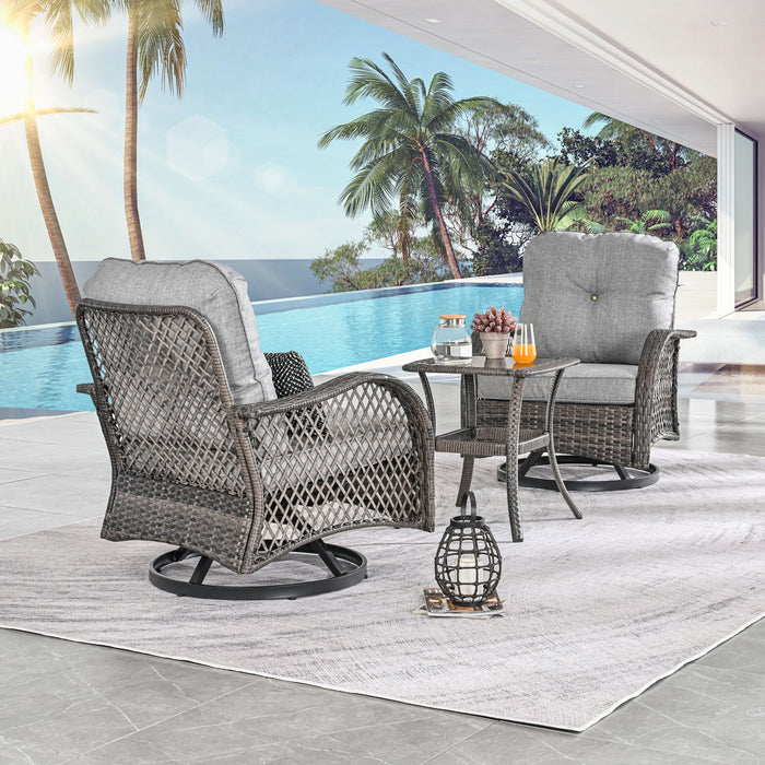 Elegant 3-Piece Outdoor Bistro Set with PE Wicker 360° Swivel Chairs and Tempered Glass Table - Grey Cushions 