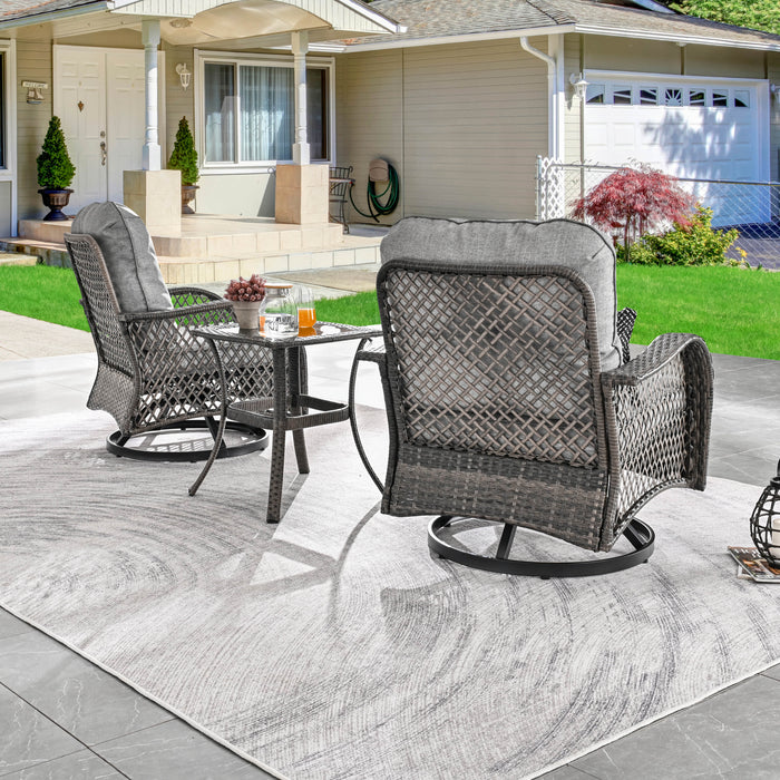 Elegant 3-Piece Outdoor Bistro Set with PE Wicker 360° Swivel Chairs and Tempered Glass Table - Grey Cushions 