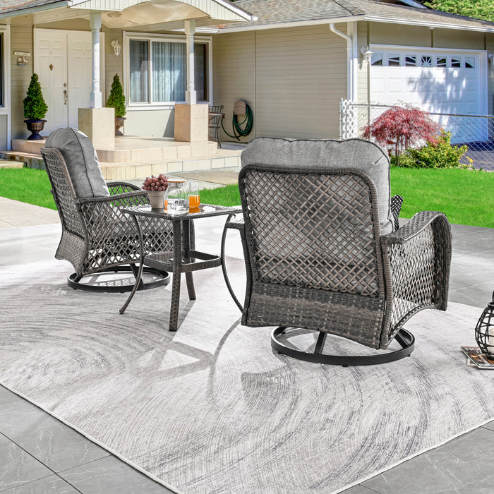 Elegant 3 Piece Outdoor Bistro Set with PE Wicker 360° Swivel Chairs and Tempered Glass Table - Grey Cushions