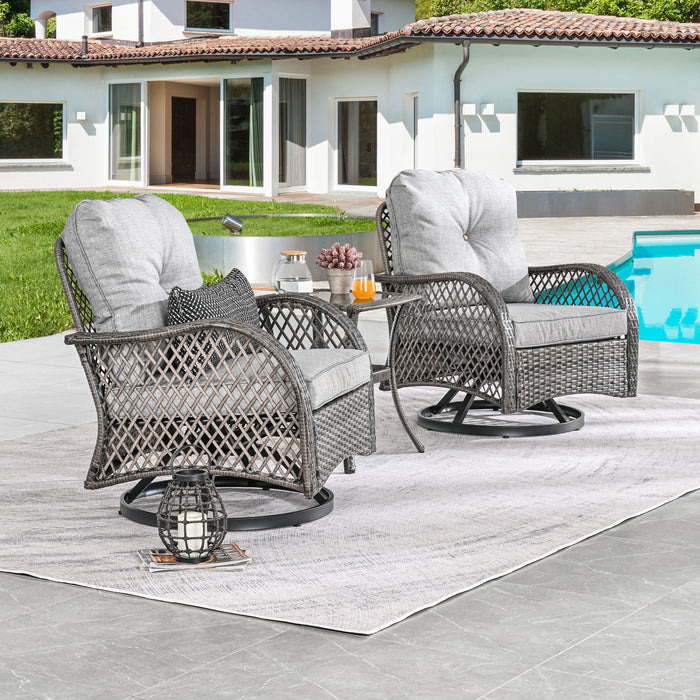 Elegant 3-Piece Outdoor Bistro Set with PE Wicker 360° Swivel Chairs and Tempered Glass Table - Grey Cushions 