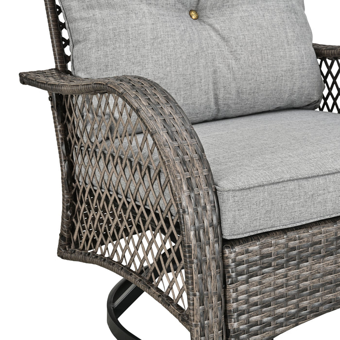 Elegant 3-Piece Outdoor Bistro Set with PE Wicker 360° Swivel Chairs and Tempered Glass Table - Grey Cushions 