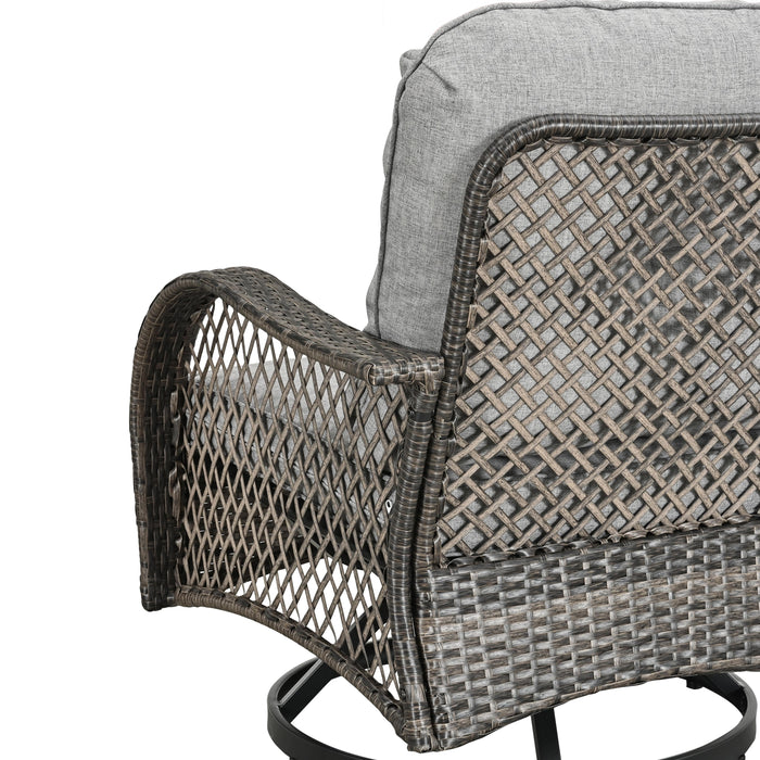 Elegant 3-Piece Outdoor Bistro Set with PE Wicker 360° Swivel Chairs and Tempered Glass Table - Grey Cushions 