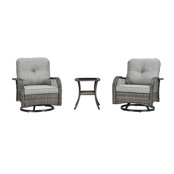 Elegant 3-Piece Outdoor Bistro Set with PE Wicker 360° Swivel Chairs and Tempered Glass Table - Grey Cushions 