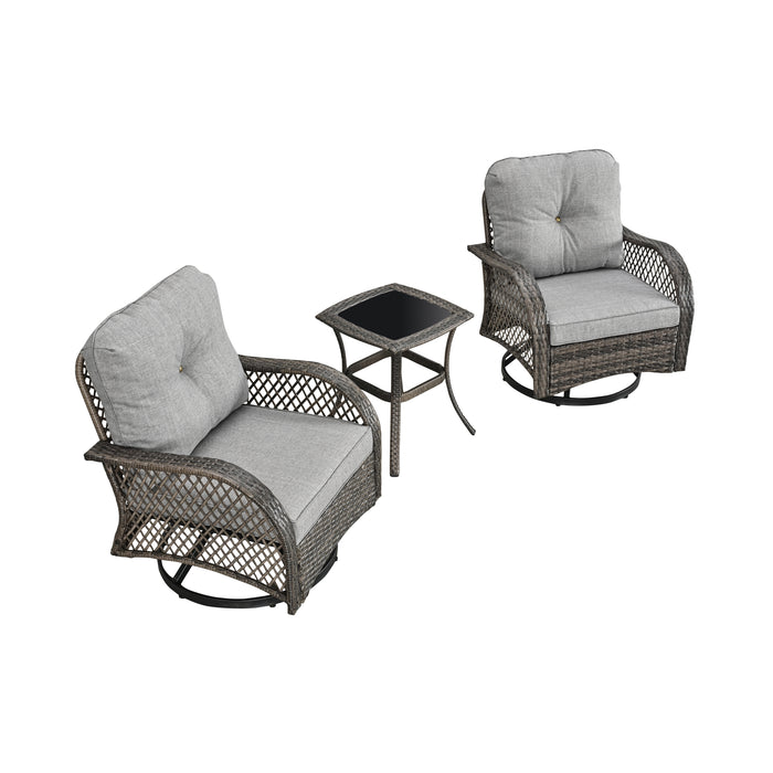 Elegant 3-Piece Outdoor Bistro Set with PE Wicker 360° Swivel Chairs and Tempered Glass Table - Grey Cushions