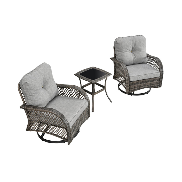 Elegant 3 Piece Outdoor Bistro Set with PE Wicker 360° Swivel Chairs and Tempered Glass Table - Grey Cushions