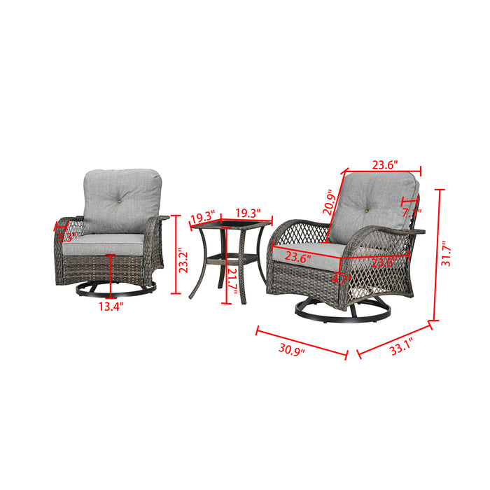 Elegant 3-Piece Outdoor Bistro Set with PE Wicker 360° Swivel Chairs and Tempered Glass Table - Grey Cushions