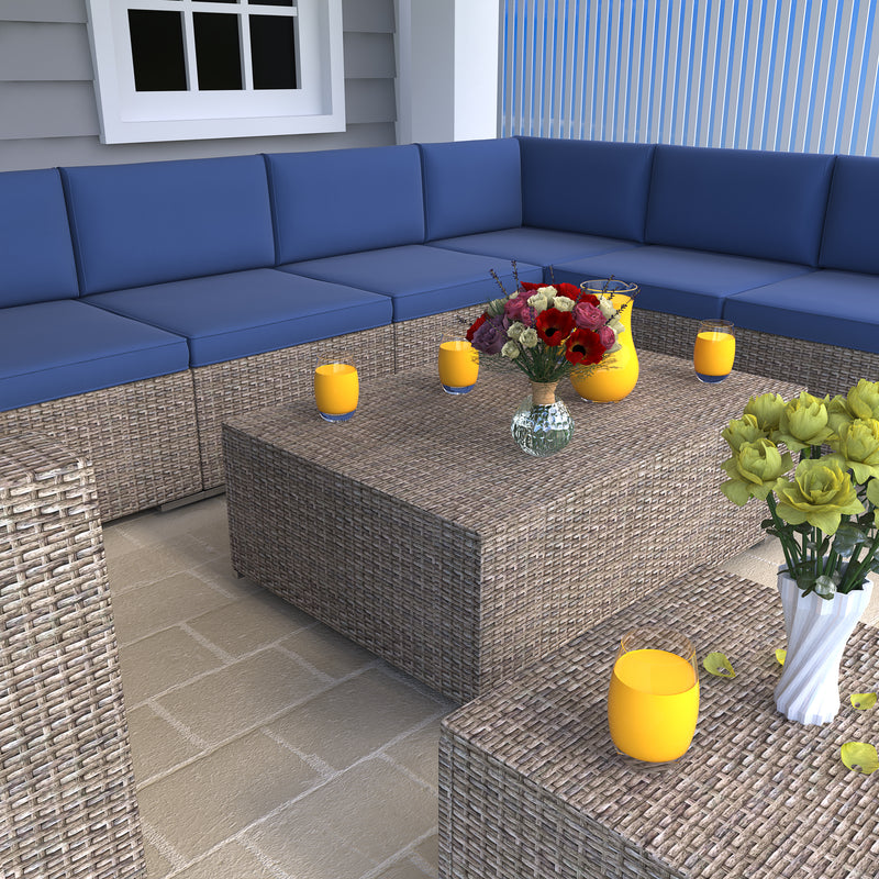 10 Piece Patio Wicker Furniture Set Conversation Chairs Sectional Rattan Sofa with Coffee Table, Ottoman and Cushion, Beige,Blue