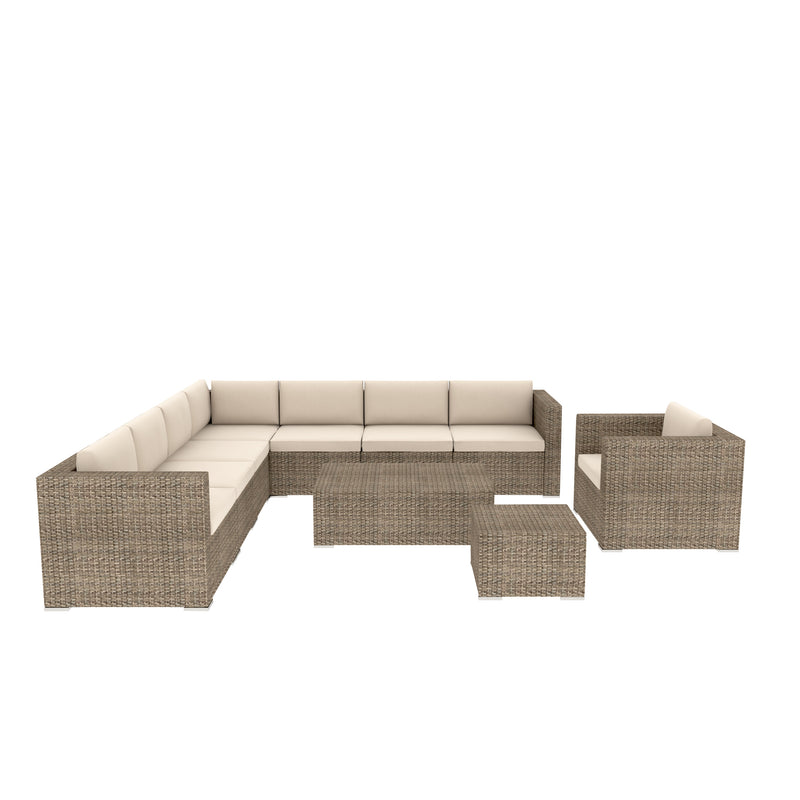 10 Piece Patio Wicker Furniture Set Conversation Chairs Sectional Rattan Sofa with Coffee Table, Ottoman and Cushion, Beige,Blue