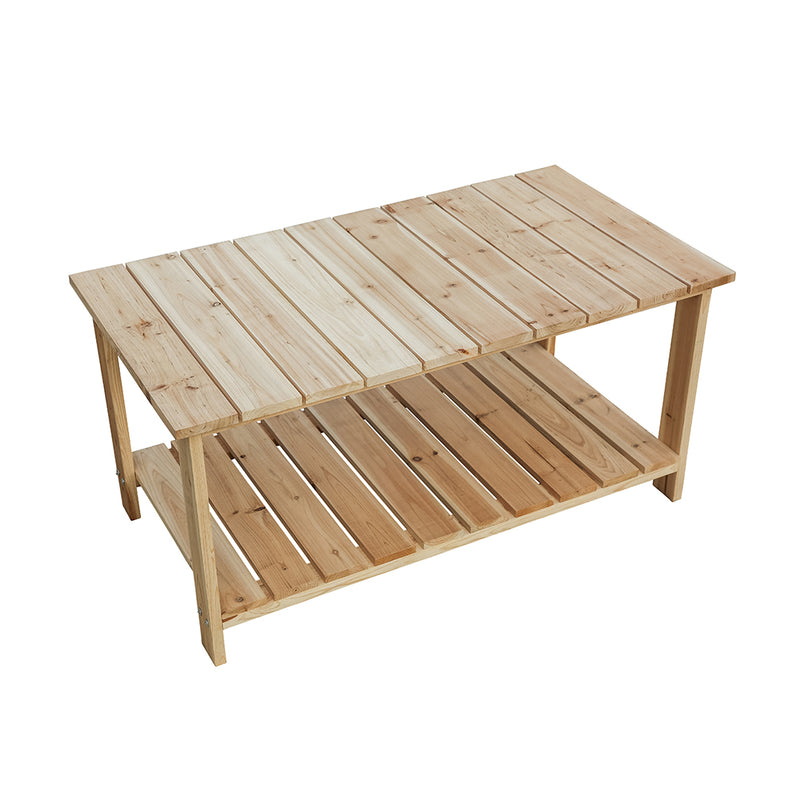 1 Piece Outdoor Coffee Table Natural Wood Patio Furniture with 2-Shelf Storage Organizer