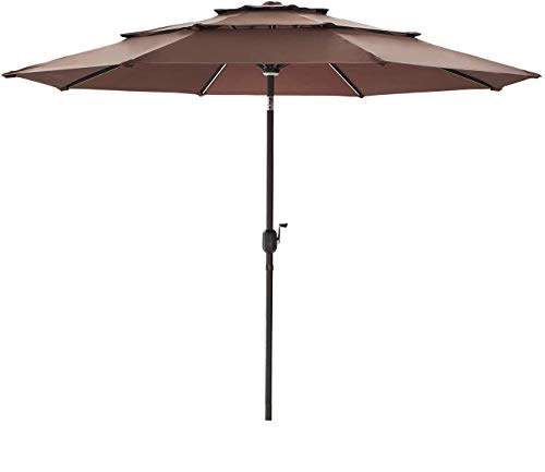 Festival Depot 9.8ft Outdoor Patio 3 Tiers Ventilation Market Aluminum Umbrella Button Tilt Easy Crank Center Light 8 Solar Powered LED Lights Bars All-Weather 