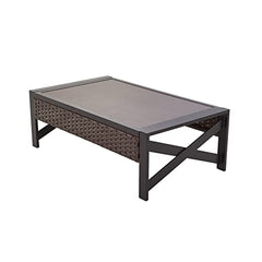 Festival Depot Patio Coffee Table Outdoor Furniture with X Shaped Metal Leg, All-Weather Wicker and Wooden Finish Grain Table Top for Backyard Poolside Deck Porch (Rectangle Brown) (B-PF20208-new1)
