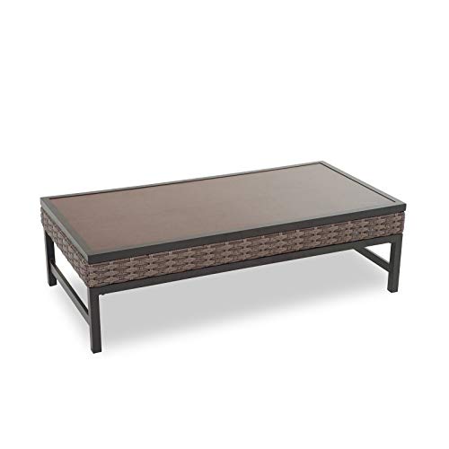 Festival Depot Patio Table Rattan Woven Wicker Coffee Table with Aluminum Tabletop and U Shaped Leg All Weather Outdoor Furniture for Backyard Porch Garden 