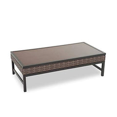 Festival Depot Patio Table Rattan Woven Wicker Coffee Table with Aluminum Tabletop and U Shaped Leg All Weather Outdoor Furniture for Backyard Porch Garden