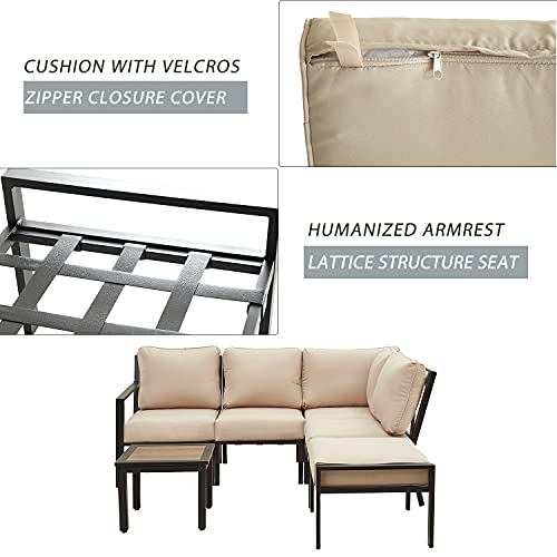 Festival Depot 6-Pieces Patio Outdoor Furniture Conversation Sets Sectional Corner Sofa, All-Weather Black X Slatted Back Chairs with Coffee Table and Thick Soft Removable Couch Cushions (Beige)