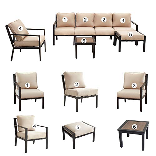 Festival Depot 7-Pieces Patio Outdoor Furniture Conversation Sets Sectional Sofa, All-Weather Black Slatted Back Armchairs with Coffee Side Table and Soft Removable Couch Cushions (Beige)