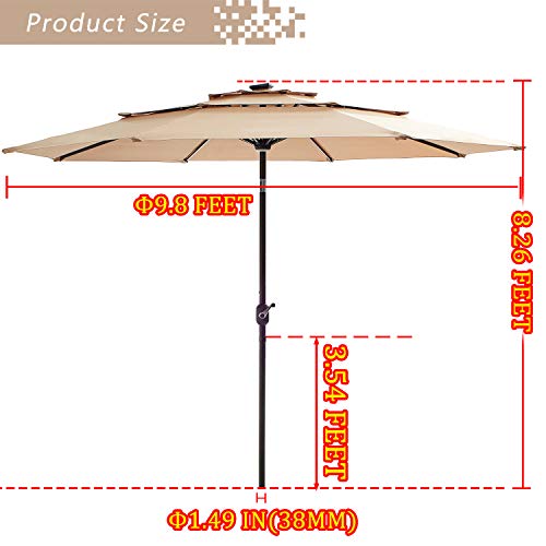 Festival Depot 9.8ft Outdoor Patio 3 Tiers Ventilation Market Aluminum Umbrella Button Tilt Easy Crank Center Light 8 Solar Powered LED Lights Bars All-Weather