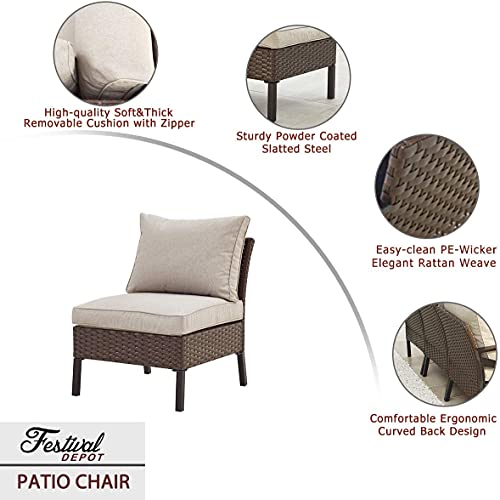 Festival Depot 1 Pieces Outdoor Patio Non-Armrest Chair Armless Sofa with Couch Cushions and Metal Frame Wicker Rattan Furniture for Garden Backyard Poolside Deck 