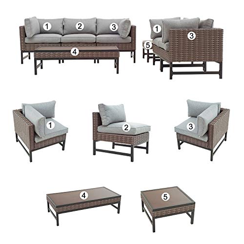Festival Depot 7 Pcs Patio Conversation Set Sectional Chair Wicker Sofa Couch with Thick Cushions and Coffee Tables All Weather Outdoor Furniture for (Grey)