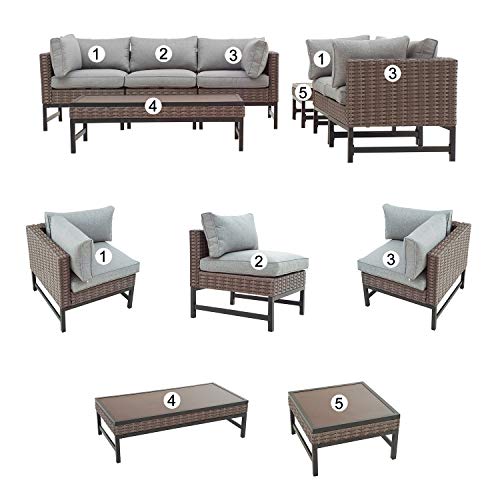 Festival Depot 7 Pcs Patio Conversation Set Sectional Chair Wicker Sofa Couch with Thick Cushions and Coffee Tables All Weather Outdoor Furniture for (Grey) 